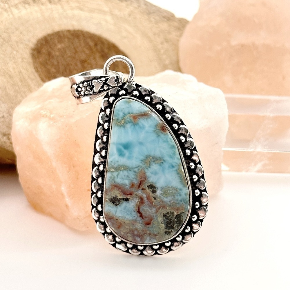 LARGE Larimar Natural Gemstone 925 Silver Pendant Necklace